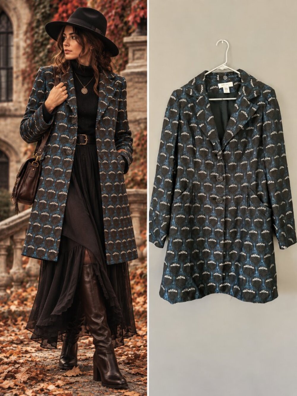 Nine West Espresso Brown Blue Silk Brocade Longline Blazer Dark Academia S